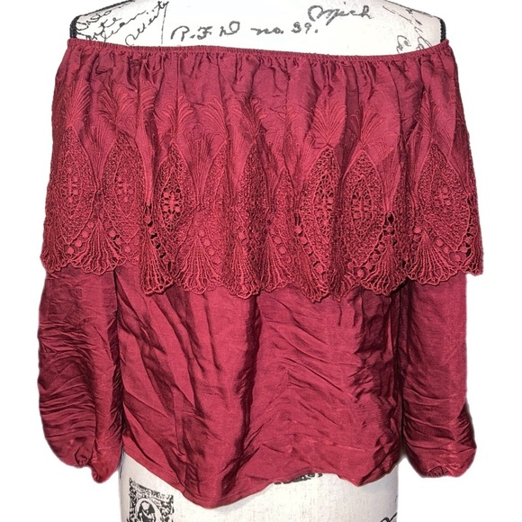 Honey Belle - Red Lace Trim - Cropped Off the Shoulder Top - NWT - Size Small - Picture 3 of 11